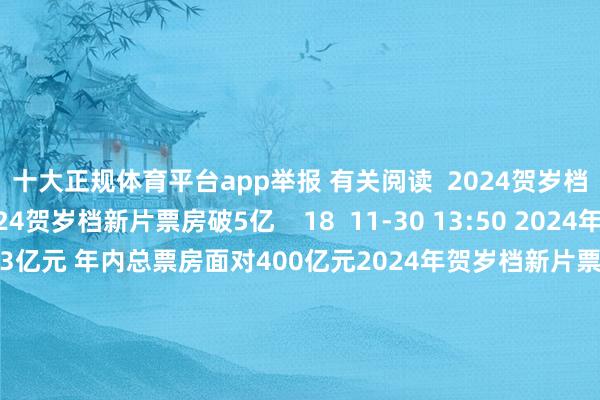 十大正规体育平台app举报 有关阅读  2024贺岁档新片票房破5亿2024贺岁档新片票房破5亿    18  11-30 13:50 2024年贺岁档新片票房恣意3亿元 年内总票房面对400亿元2024年贺岁档新片票房恣意3亿元 年内总票房面对400亿元    19  11-27 07:35 2024年贺岁档总票房破3亿 影视院线认识早盘走强 2024年贺岁档总票房破3亿 影视院线认识早盘走强